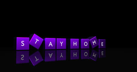 Stay home letter at purple cubes in dark background and reflection floor. Campaign for self isolation to protect from corona virus. 3D illustrationの写真素材