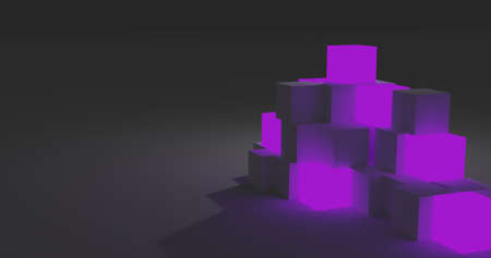 Abstract structure purple cubes with neon effect in dark background. 3D illustrationの写真素材