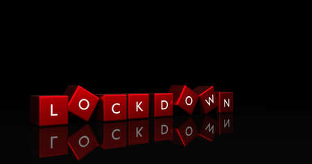 Lockdown letter at red cube in dark background and reflection floor. Campaign for protect people from corona virus. 3D illustrationの写真素材