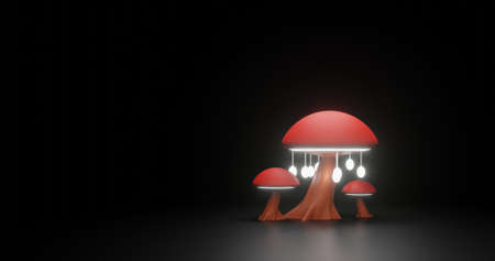 Artistic Red Mushroom with Lighting at dark Background. 3D Rendering illustration for Artistic Nature with space for textの写真素材