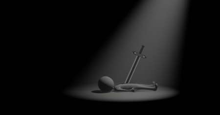 Human Dead by Sword Illustration with spotlight. 3D Rendering at dark background with space for textの写真素材