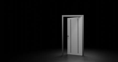 White Door Opened up. 3D rendering Illustration at Dark background and focus light with space for textの写真素材