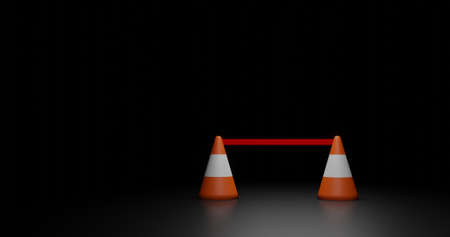 Traffic Cone Illustration with Red Line at Spotlight and dark Background. 3D Rendering Illustration for Forbidden Area with space for textの写真素材