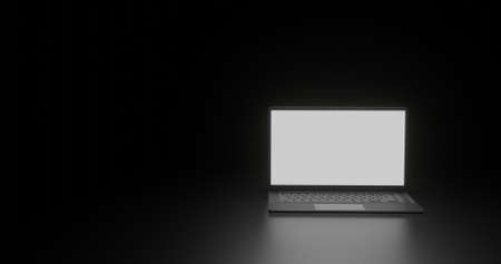 Laptop with blank screen at Spotlight and Dark Background. 3D rendering Illustration for technology, computer, mobility wit space for textの写真素材