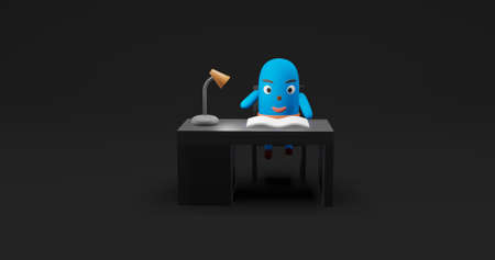 Cute Character Child Learning at Desk with Smile Expression. 3D rendering Illustration for Study at dark backgroundの写真素材
