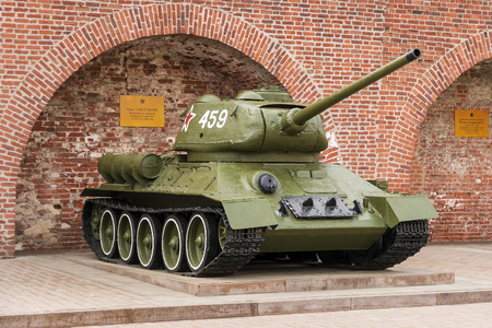 RUSSIA - NIZHNY NOVGOROD. 4 MAY: T-34, T-34-85 tank. An exhibition of military equipment of times of World War II in the Kremlin of Nizhny Novgorod on May 4, 2015.のeditorial素材