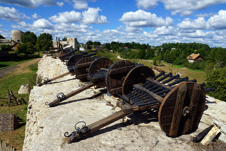 Izborsk fortress with cannons on the ramparts, Pskov, Russiaのeditorial素材