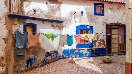 the drying linen on the streetの写真素材