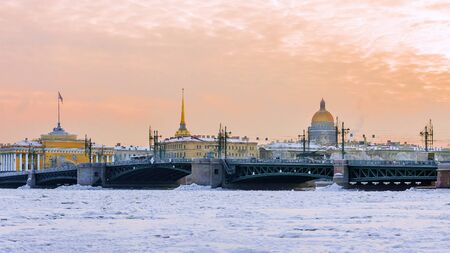 Palace Bridge at sunset in winter in St. Petersburg, Russiaのeditorial素材