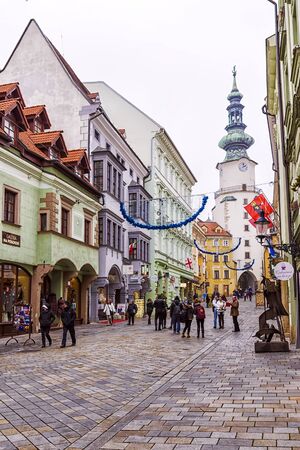 BRATISLAVA, SLOVAKIA - JANUARY 4.2014: tourist street in the center of Bratislava, decorated for the Christmas holidaysのeditorial素材