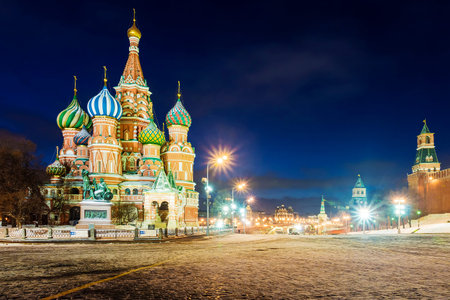 Night view of St. Basil's Cathedral on Red Square in winter