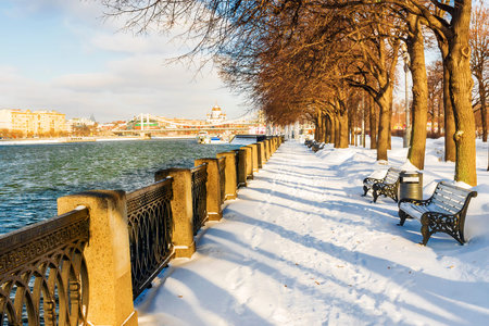 snow on the embankment in Gorky Park in Moscowの写真素材