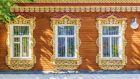 facade Russian house with carved architravesの写真素材