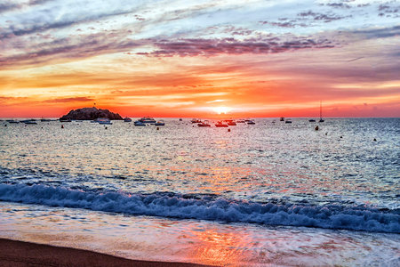 Sunrise on the coast of Tossa de Mar, Spainの写真素材
