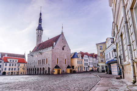 Town Hall Square in the morning in Tallinn, Estoniaの写真素材