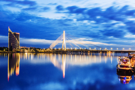 Cable-stayed bridge in Riga, Latviaの写真素材