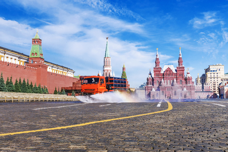 Watering machine on Red Square in Moscowの写真素材