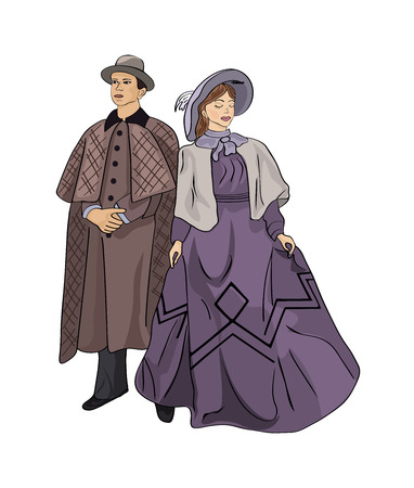 The woman and the man in vintage suits. People in retro dresses. Vector illustration.のイラスト素材