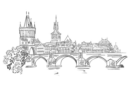 Panorama of Prague. View of Charles Bridge and the Vltava river embankment.Czech Republic. Vector illustration.のイラスト素材