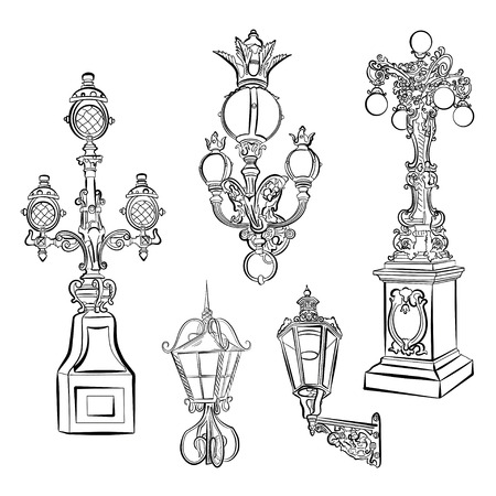 Collection of old street lights. Vector illustration.のイラスト素材