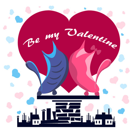 Cats in love on a roof against heartsのイラスト素材