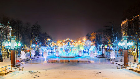 Christmas in Moscow. Festively decorated Pushkin Square in Moscowの写真素材
