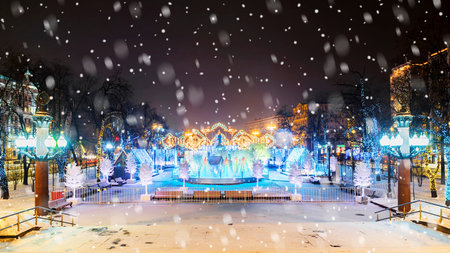 Christmas in Moscow. Festively decorated Pushkin Square in Moscowの写真素材