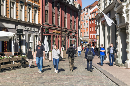 RIGA LATVIA-11 JULY 2017: Old Riga's tourist street of the capital of Latviaのeditorial素材