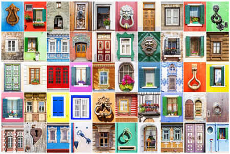 collage of various windows, doors and door handlesの写真素材