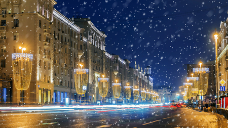 Christmas in Moscow. Festive decorated Tverskaya street in Moscowの写真素材