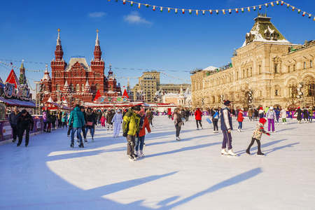 MOSCOW, RUSSIA-FEBRUARY 1, 2018: Christmas in Moscow. Ice rink on Red Square is a favorite vacation spot during the New Year holidaysのeditorial素材