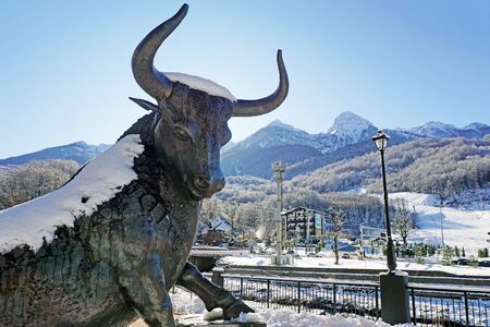 SOCHI, RUSSIA-DECEMBER 5, 2019: Statue of a bull in the village of Esto-Sadok on the banks of the Mzymta River. Rosa Khutor ski resortのeditorial素材