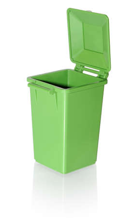 Empty green plastic garbage can with the lid open on a white backgroundの写真素材