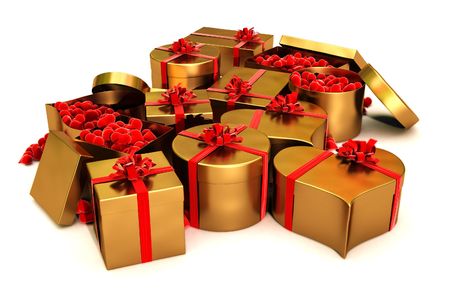 many gold gifts with lots of heartsの写真素材