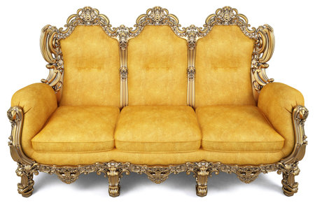 elegant sofa of yellow chamois leather and gold-plated body. isolated on whiteの写真素材