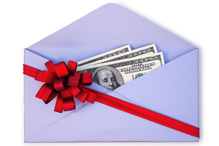 open a paper envelope with the dollars tied with red ribbon and bow. isolated on whiteの写真素材