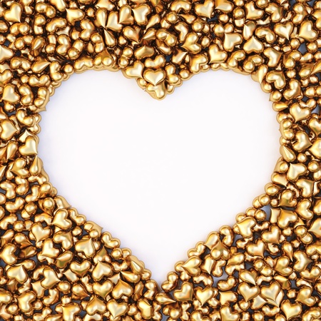 bunch of golden hearts in the form of a large heart. isolated on white. の写真素材