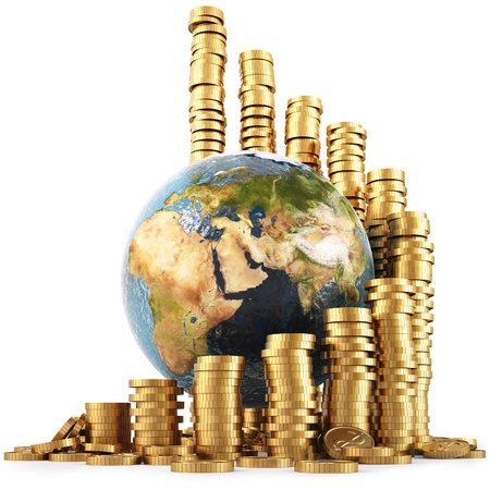 globe with twisted diagram of golden coins isolated on white. globe with twisted diagram of golden coins isolated on white.