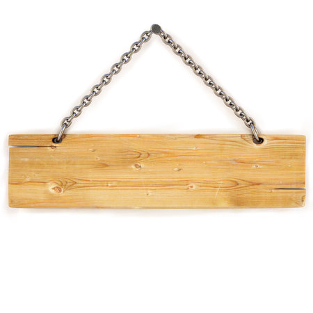 blank wooden sign hanging on a chain. isolated on white. の写真素材