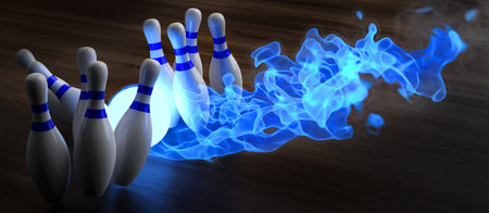 glowing blue light bowling ball knocks down skittles. 3d illustration.の写真素材