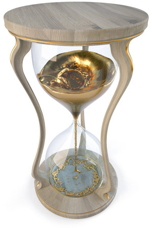 wooden hourglass with golden stream flowing down. isolated on white.