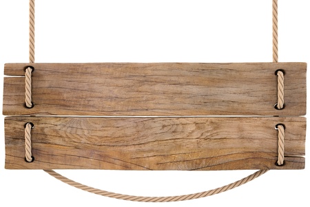 blank wooden sign hanging on a rope. isolated on whiteの写真素材