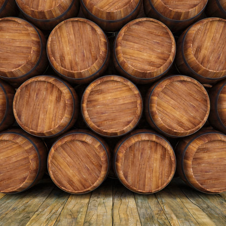 wall of wooden barrels.の写真素材