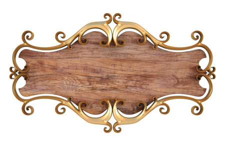 wood panel with gold forged frame. isolated on white.の写真素材