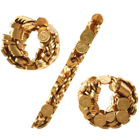 percent sign from golden coins. isolated on white.の写真素材