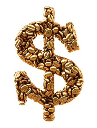 dollar sign from golden coffee beans. isolated on white.の写真素材