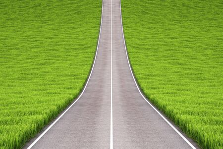 asphalt road in field with green grass.の写真素材