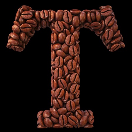 Alphabet T from coffee beans. isolated on black.の写真素材
