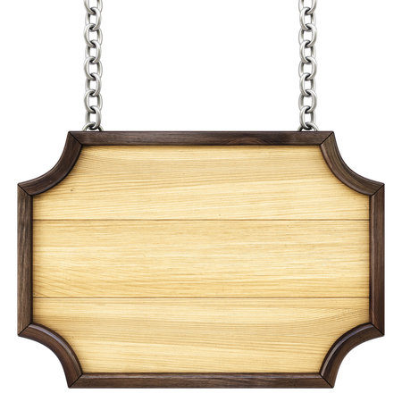 wooden signboard on the chains. Isolated on white.の写真素材