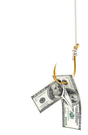 dollar bills on a fishing hook. Isolated on white.の写真素材